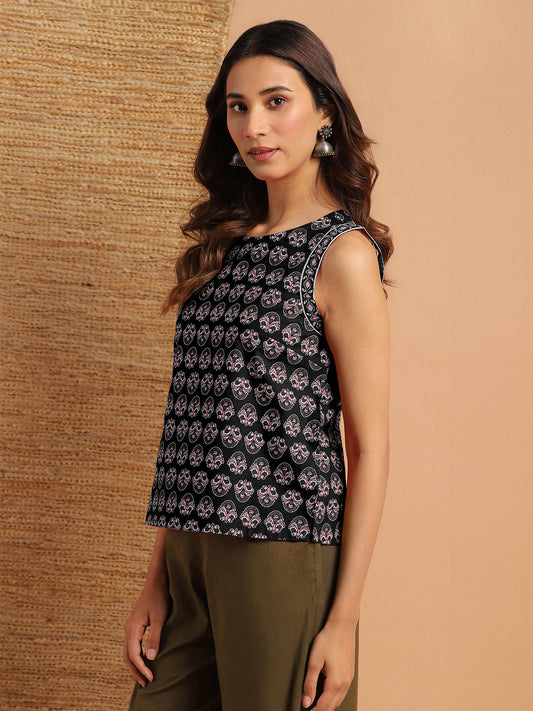 Janasya Dark Cotton Floral Regular Top | Swadesiicart