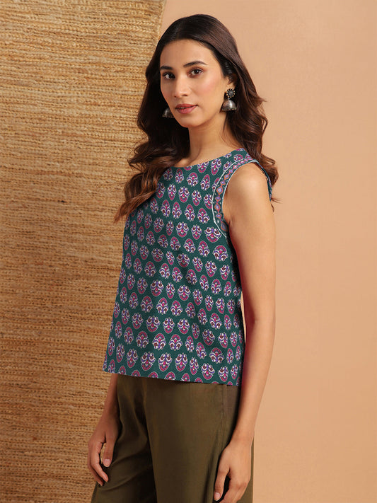 Janasya Dark Cotton Floral Regular Top | Swadesiicart