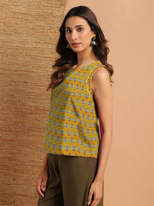 Janasya Dark Cotton Floral Straight Top | Swadesiicart