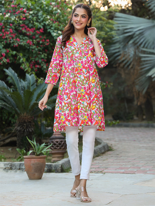 Janasya Bright Cotton Floral A-Line Tunic | Swadesiicart