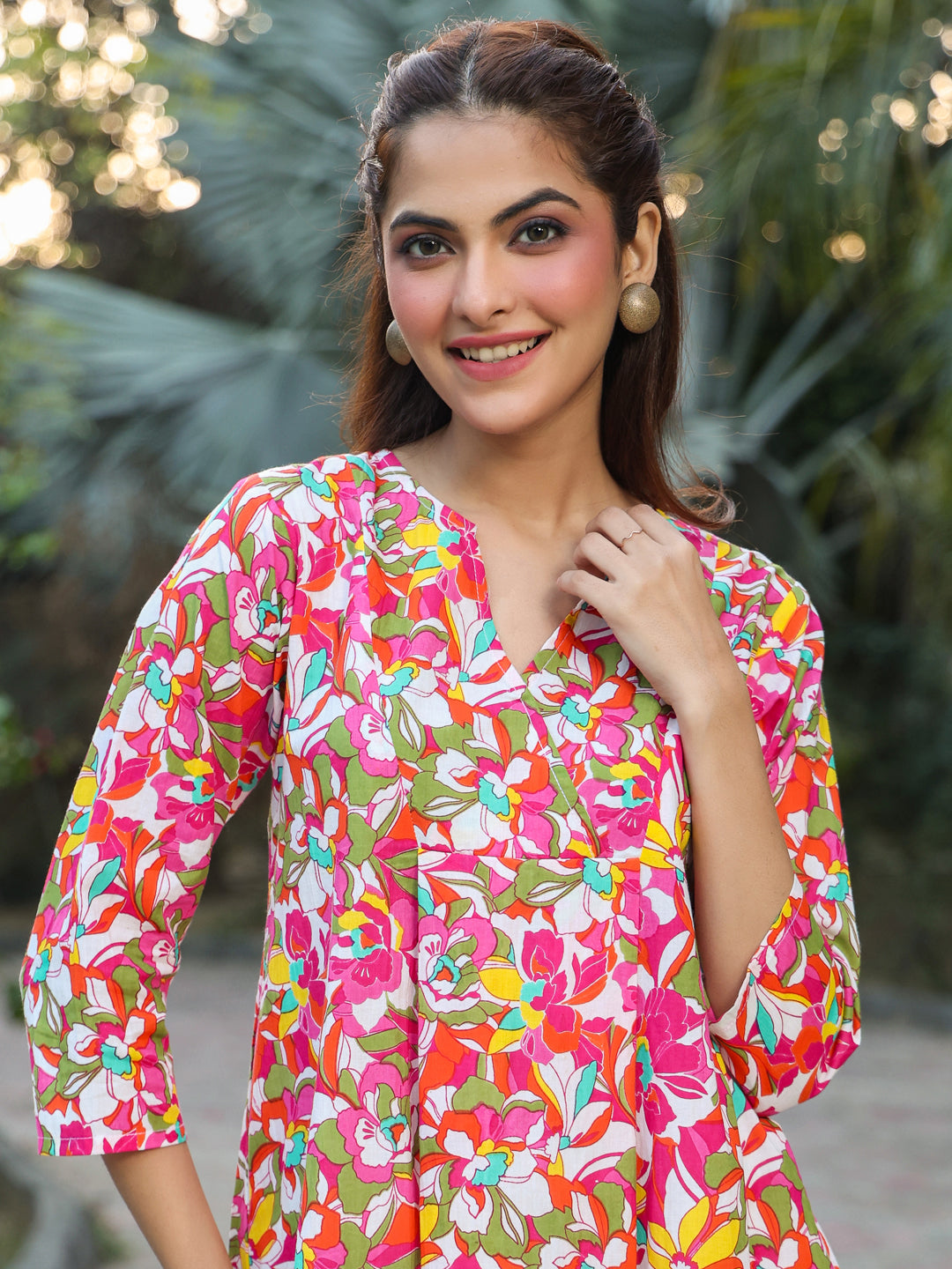Janasya Bright Cotton Floral A-Line Tunic | Swadesiicart