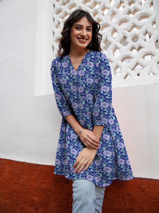 Janasya Dark Georgette Floral A-Line Tunic | Swadesiicart