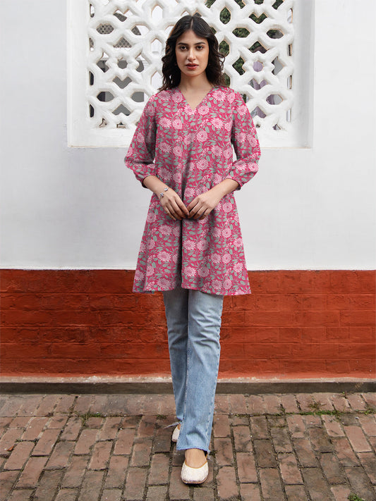 Janasya Dark Georgette Floral A-Line Tunic | Swadesiicart