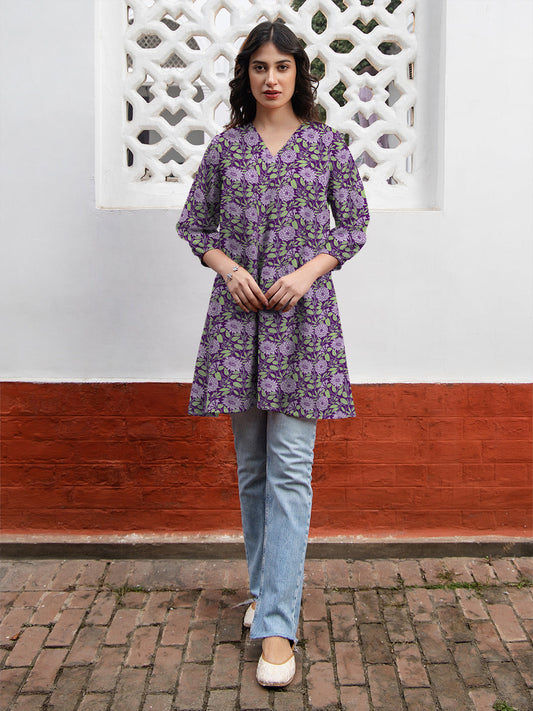 Janasya Dark Georgette Floral A-Line Tunic | Swadesiicart