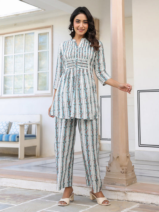 Janasya Light Cotton Floral A-Line Top & Bottom Set | Swadesiicart