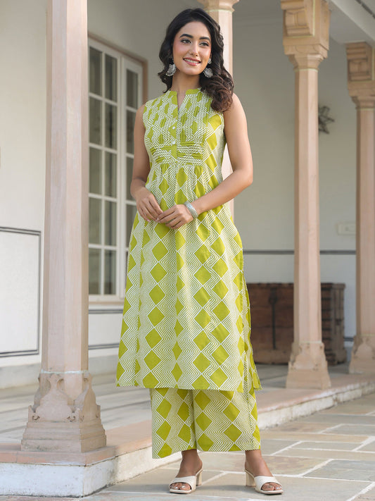 Janasya Bright Cotton Geometric A-Line Kurta Set | Swadesiicart
