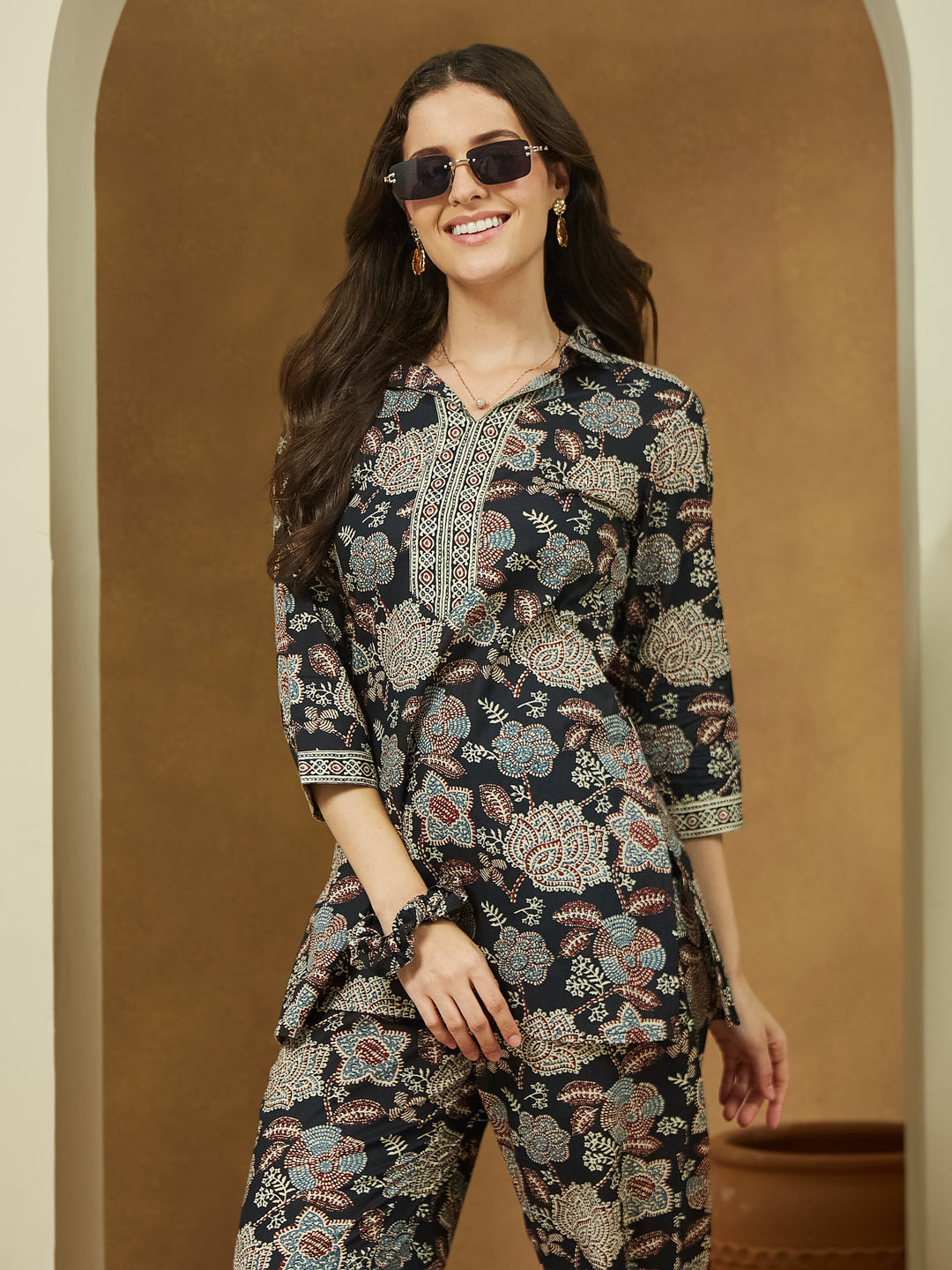 Janasya Dark Cotton Floral Straight Top & Bottom Set | Swadesiicart