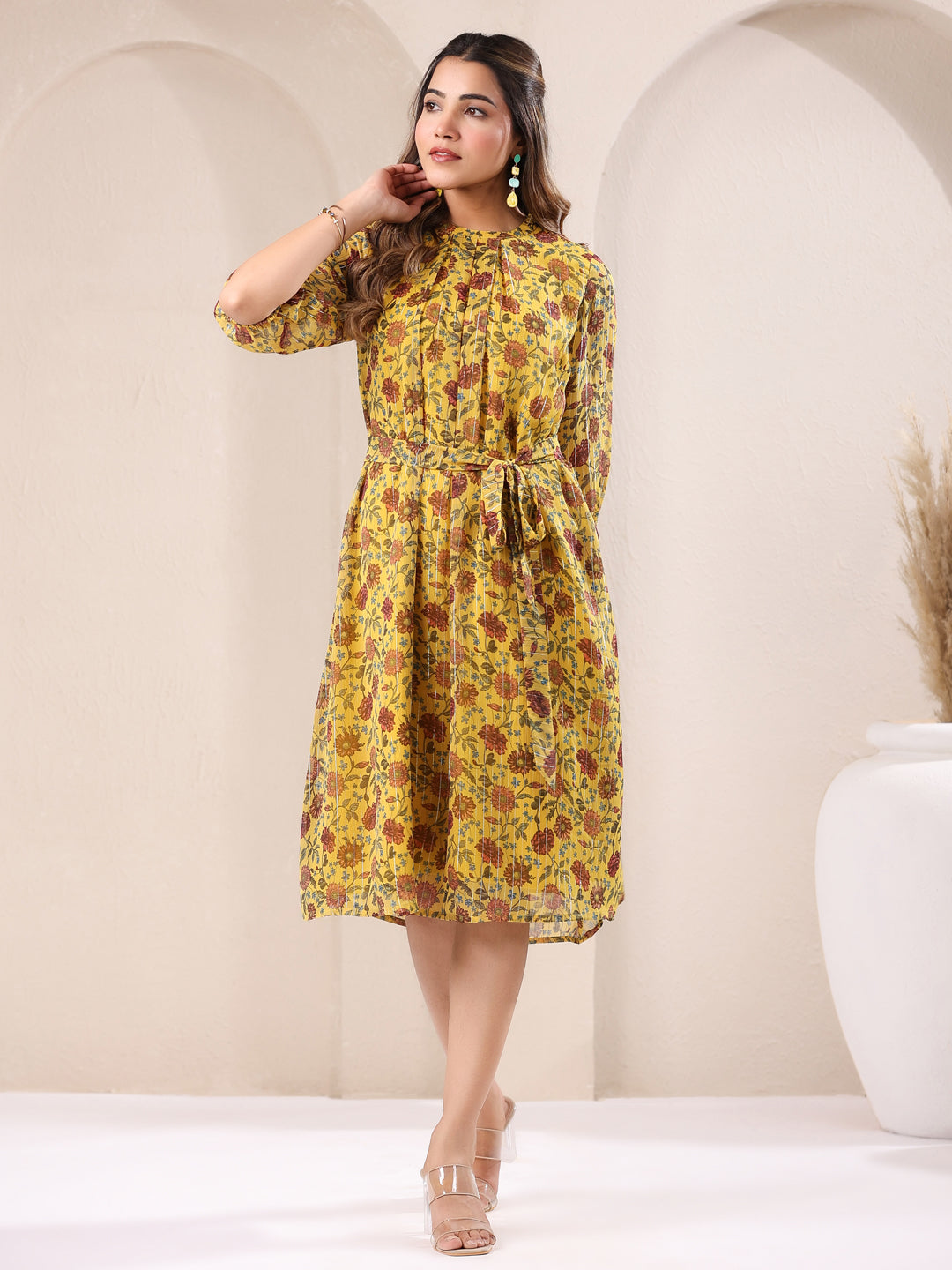 Janasya Bright Georgette Floral A-Line Dress | Swadesiicart