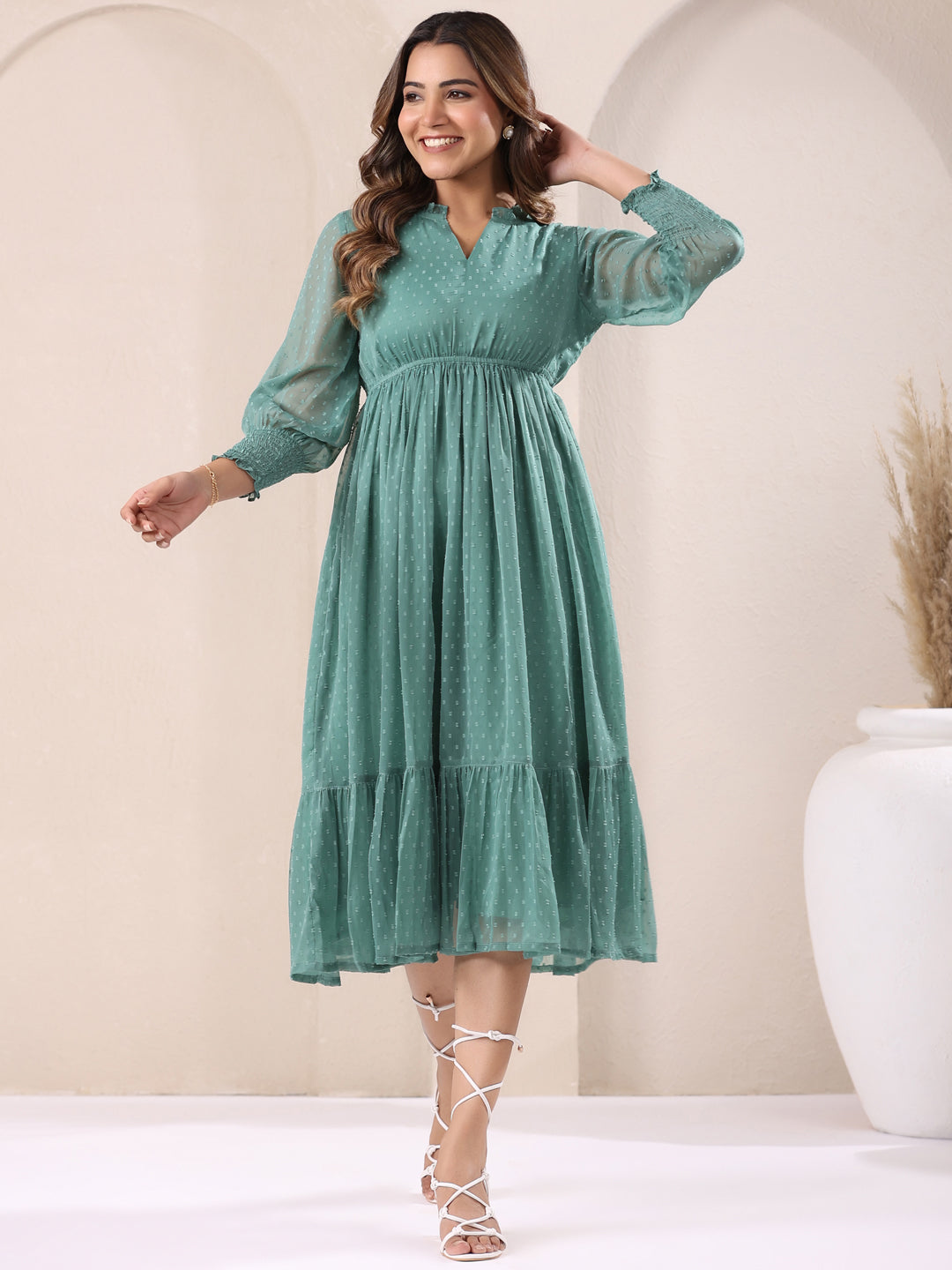 Janasya Dark Dobby Chiffon Self Design Fit & Flare Dress | Swadesiicart