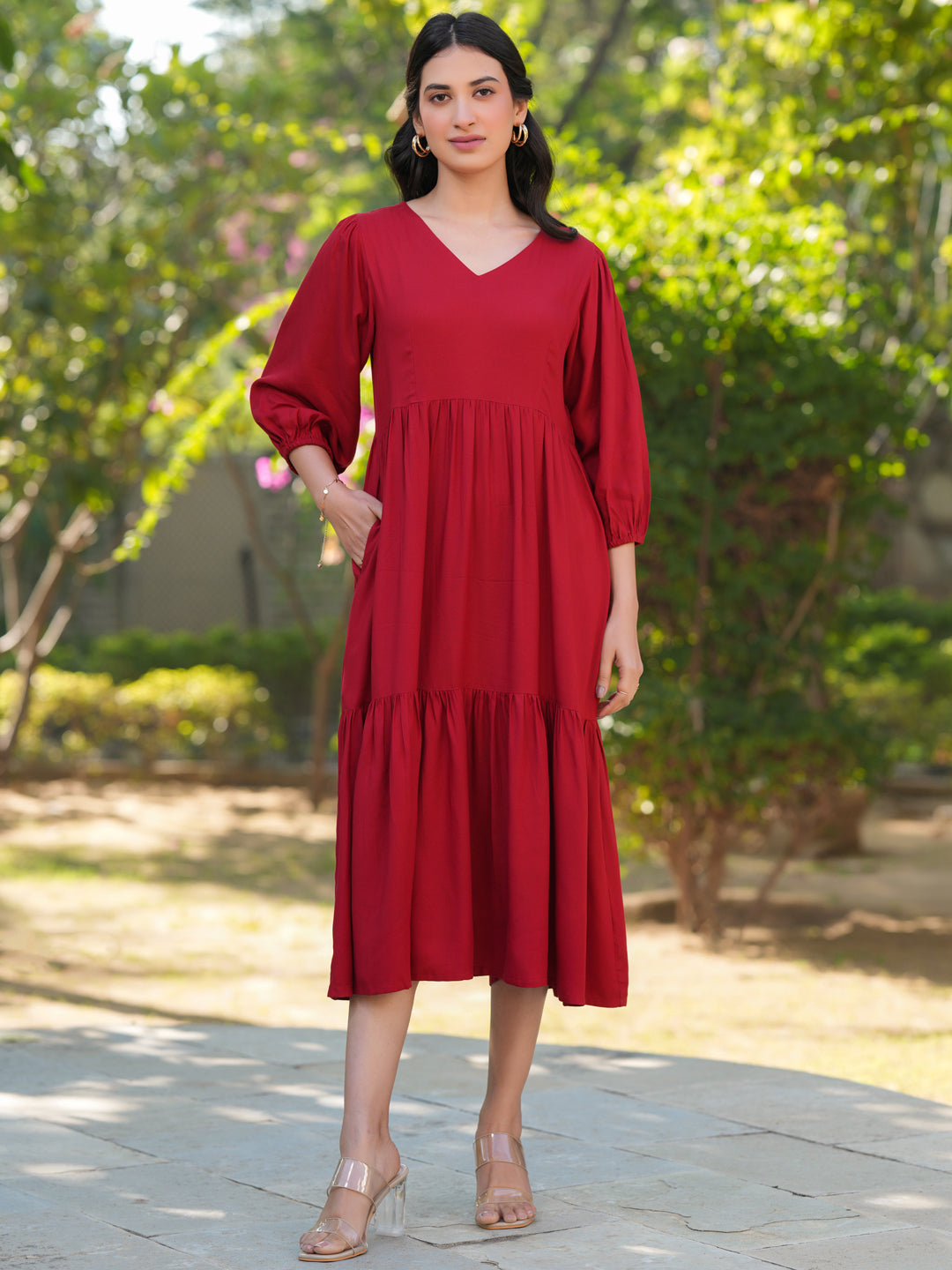 Janasya Bright Rayon Solid Tiered Dress | Swadesiicart