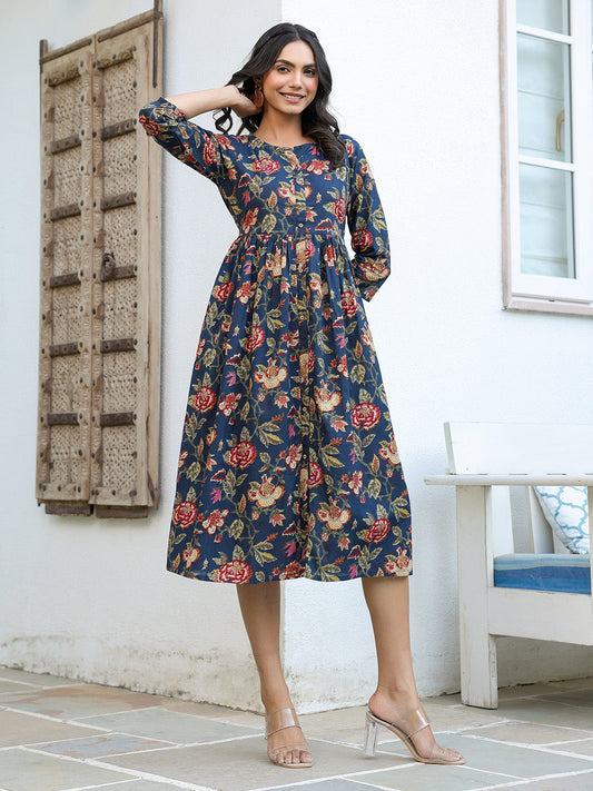Janasya Dark Cotton Floral A-Line DRESS | Swadesiicart