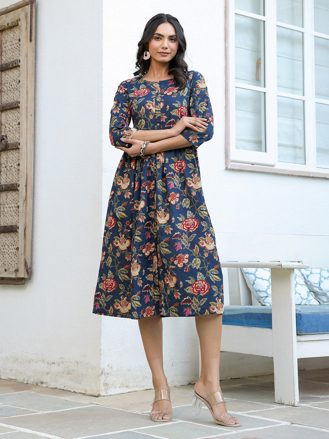 Janasya Dark Cotton Floral A-Line DRESS | Swadesiicart