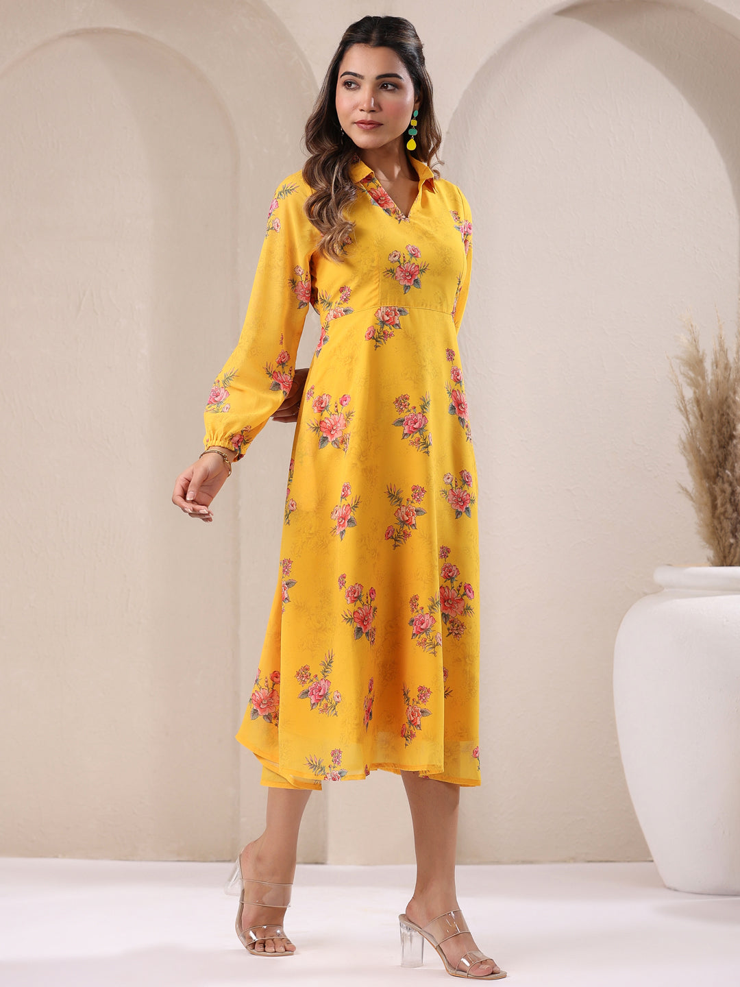 Janasya Bright Georgette Floral A-Line Dress | Swadesiicart