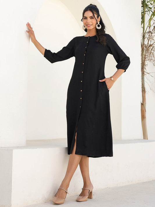 Janasya Dark Rayon Solid A-Line DRESS | Swadesiicart