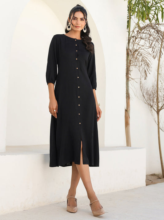 Janasya Dark Rayon Solid A-Line DRESS | Swadesiicart