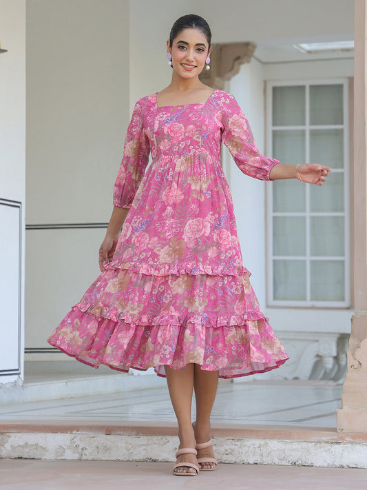 Janasya Dark Georgette Floral Tiered Dress | Swadesiicart
