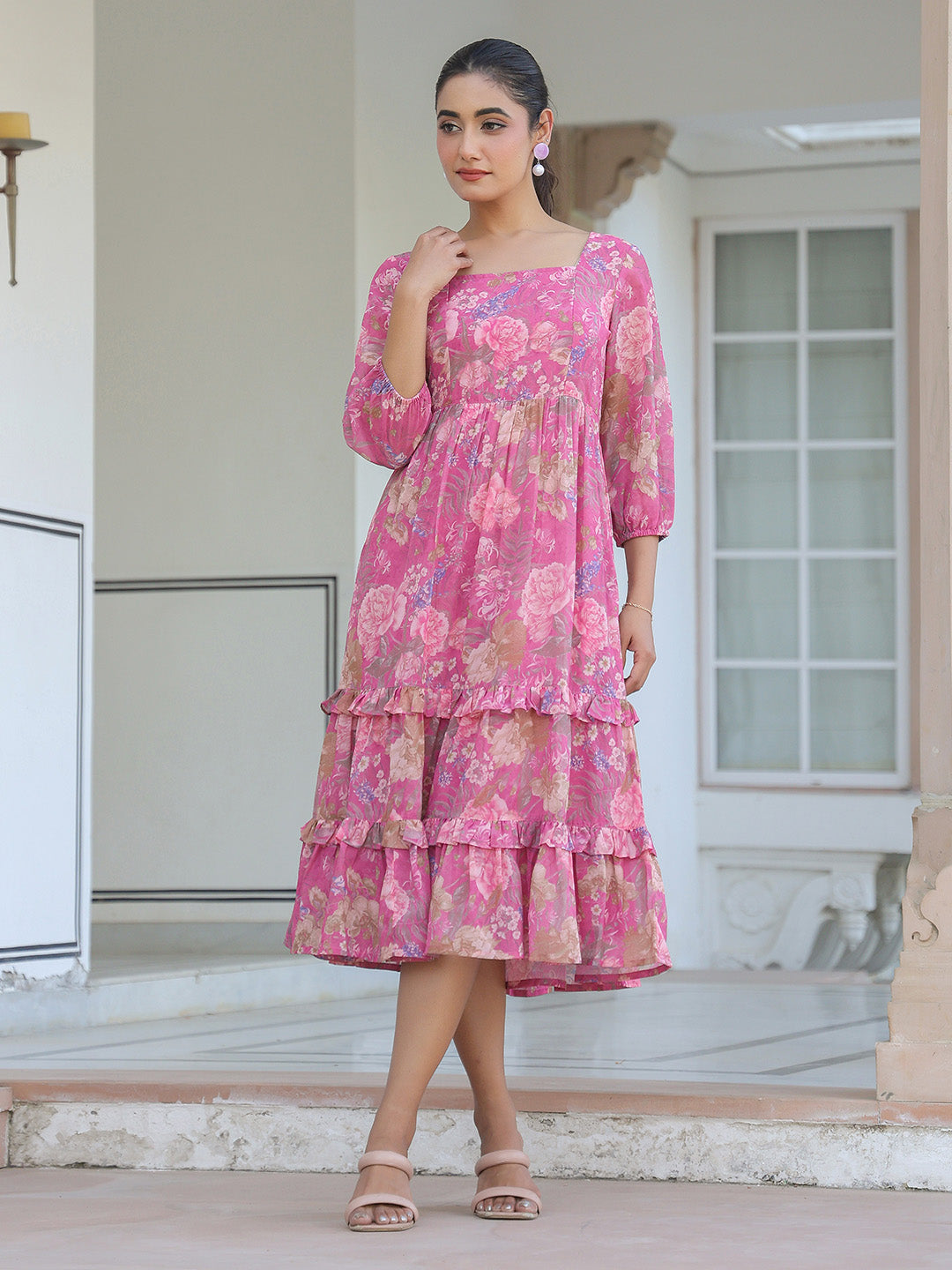 Janasya Dark Georgette Floral Tiered Dress | Swadesiicart