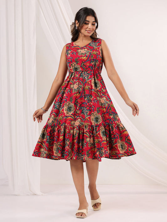 Janasya Bright Cotton Floral Fit & Flare Dress | Swadesiicart