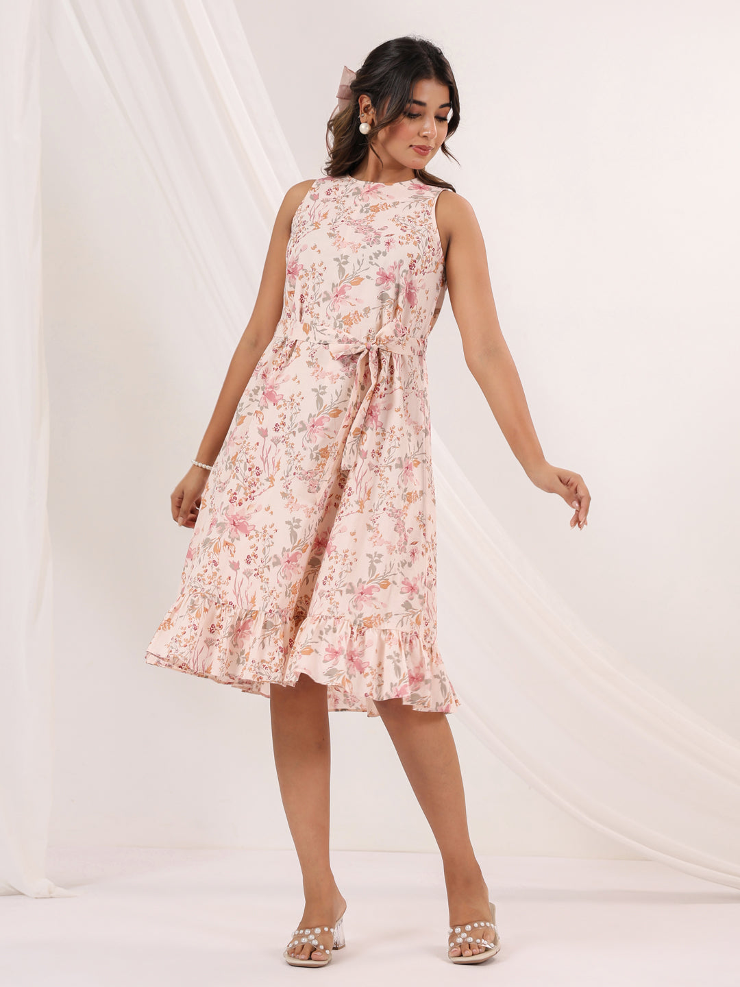 Janasya Light Cotton Floral A-Line Dress | Swadesiicart