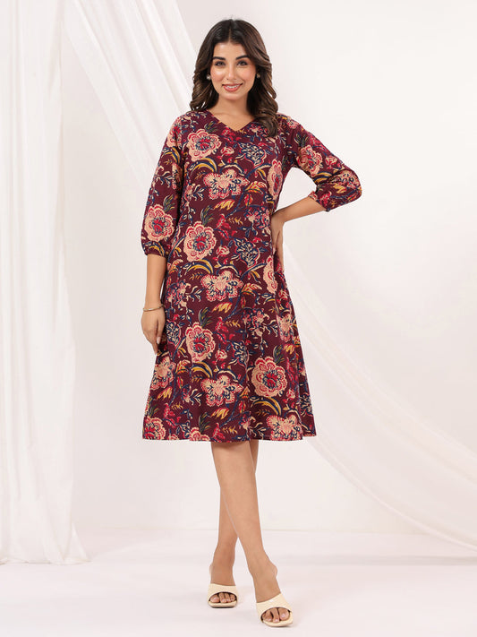 Janasya Dark Cotton Floral A-Line Dress | Swadesiicart