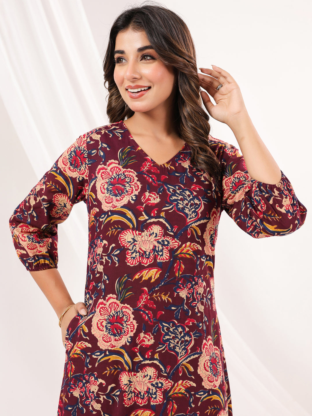 Janasya Dark Cotton Floral A-Line Dress | Swadesiicart