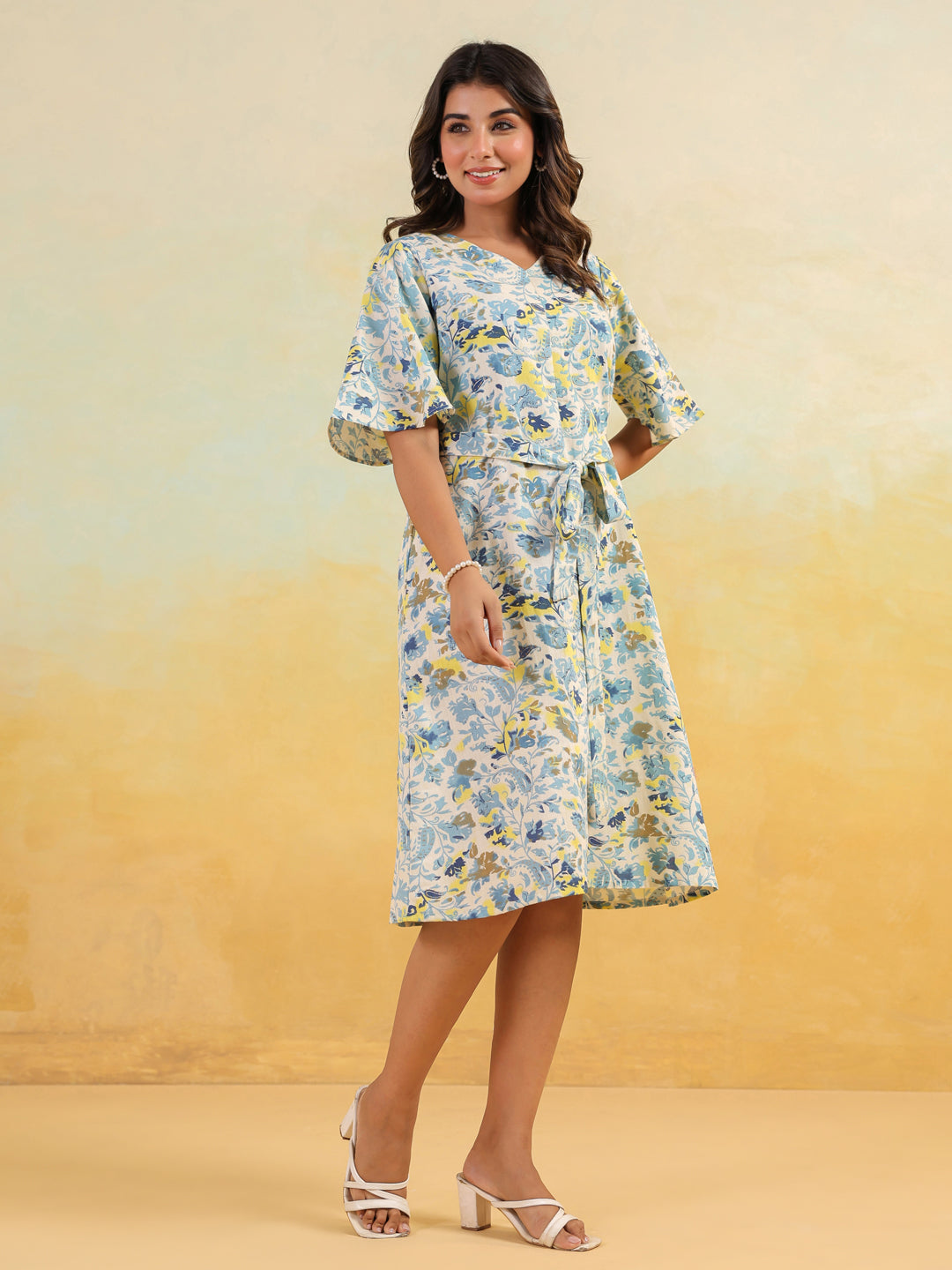 Janasya Light Cotton Floral A-Line Dress | Swadesiicart