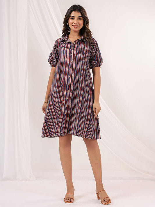 Janasya Dark Cotton Striped A-Line Dress | Swadesiicart