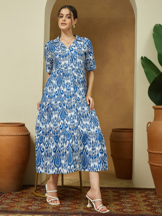 Janasya Bright Flex Ikkat Tiered Dress | Swadesiicart