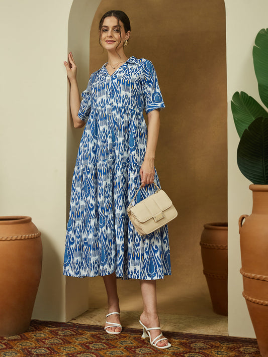 Janasya Bright Flex Ikkat Tiered Dress | Swadesiicart