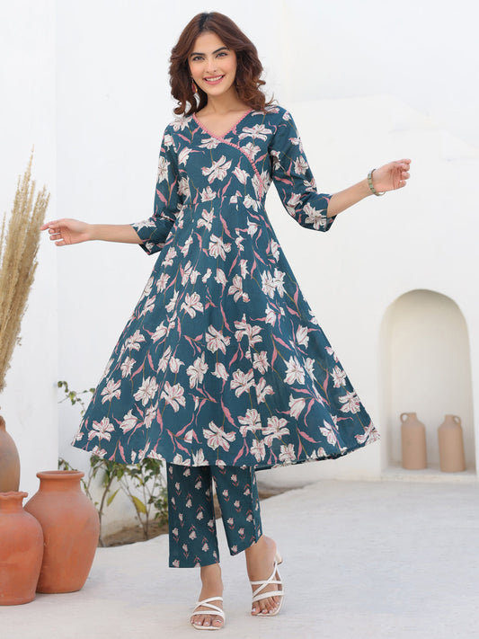 Janasya Dark Cotton Floral A-Line Kurta Set | Swadesiicart