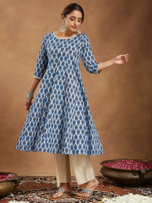 Janasya Dark Cotton Paisley Anarkali Kurta Set | Swadesiicart