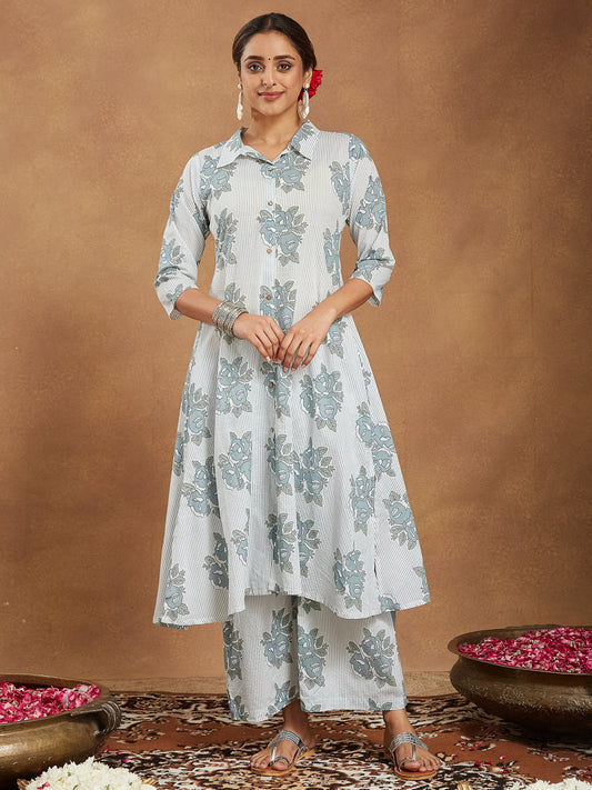 Janasya Light Cotton Floral A-Line Kurta Set | Swadesiicart