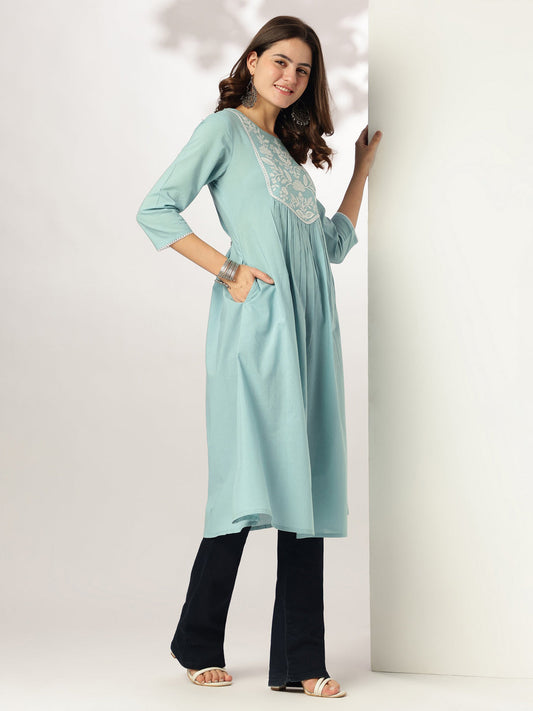 Janasya Light Cotton Yoke Embroidery A-Line Kurta | Swadesiicart