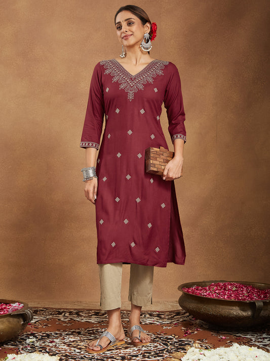 Janasya Dark Rayon Embroidered Straight Kurta - Swadesiicart