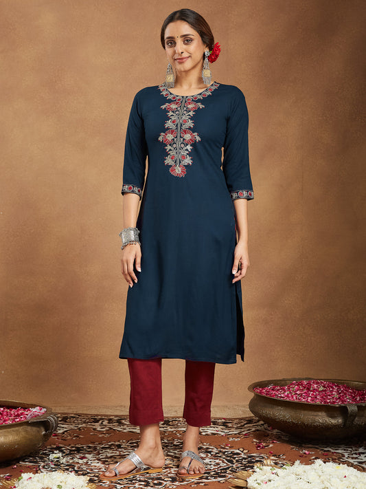 Janasya Dark Rayon Embroidered Straight Kurta - Swadesiicart