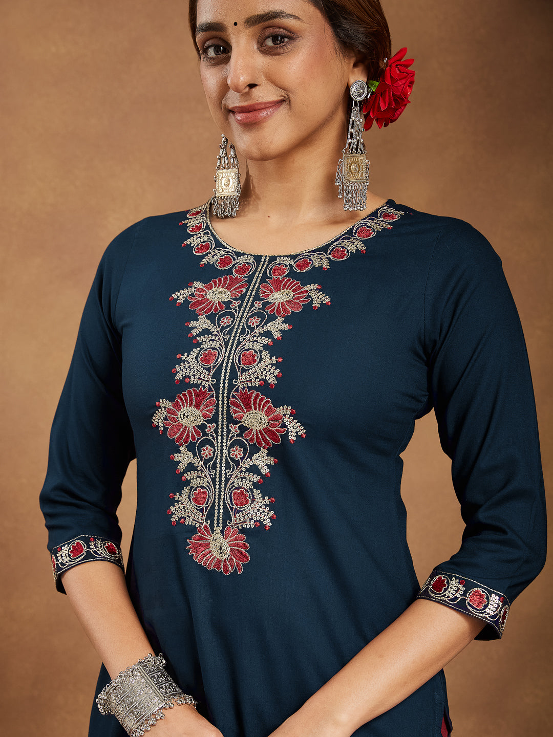 Janasya Dark Rayon Embroidered Straight Kurta - Swadesiicart