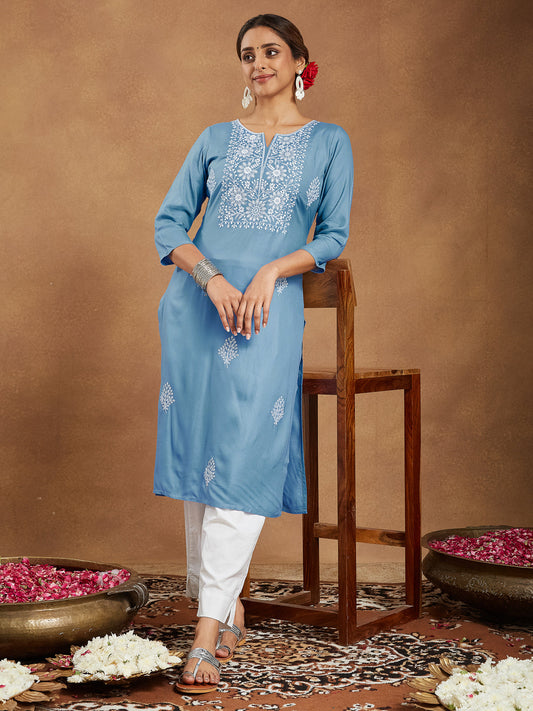 Janasya Light Rayon Embroidered Straight Kurta - Swadesiicart