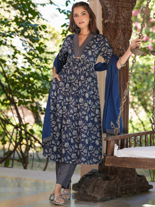 Janasya Dark Cotton Floral A-Line Kurta Set | Swadesiicart