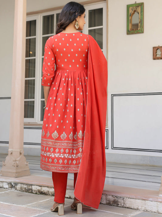 Janasya Bright Cotton Foil Print A-Line Kurta Set | Swadesiicart