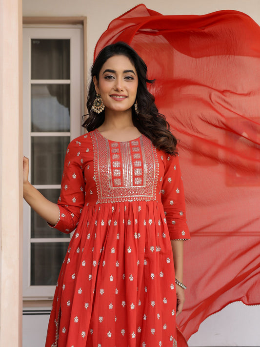 Janasya Bright Cotton Foil Print A-Line Kurta Set | Swadesiicart