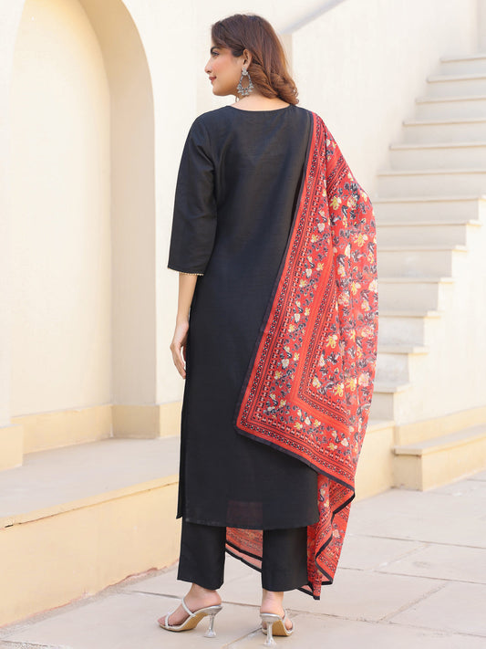 Janasya Dark Silk Blend Solid Straight Kurta Set | Swadesiicart
