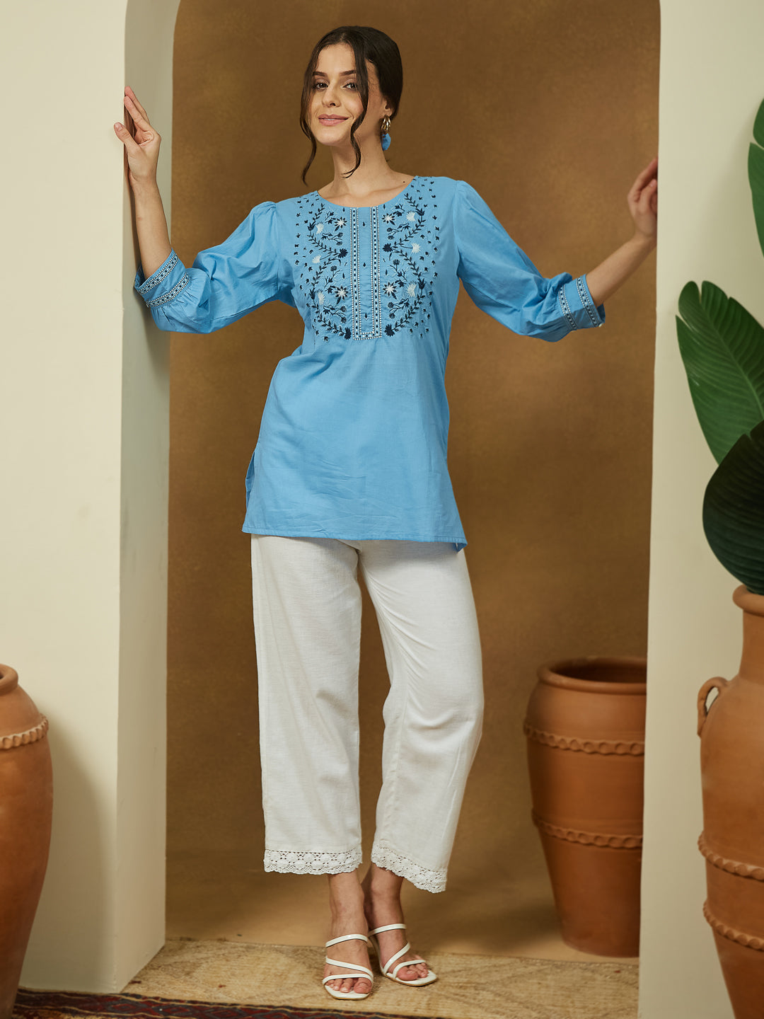 Janasya Light Cotton Embroidered Straight Tunic | Swadesiicart