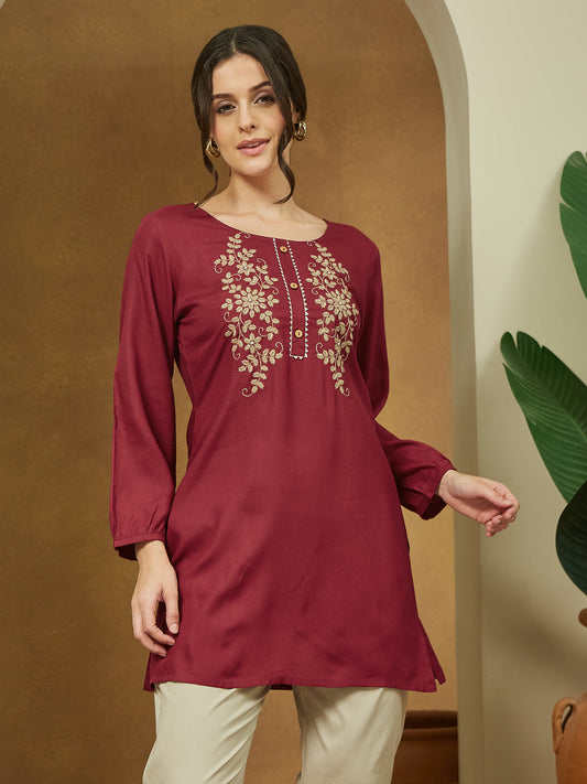 Janasya Dark Rayon Embroidered Straight Tunic | Swadesiicart