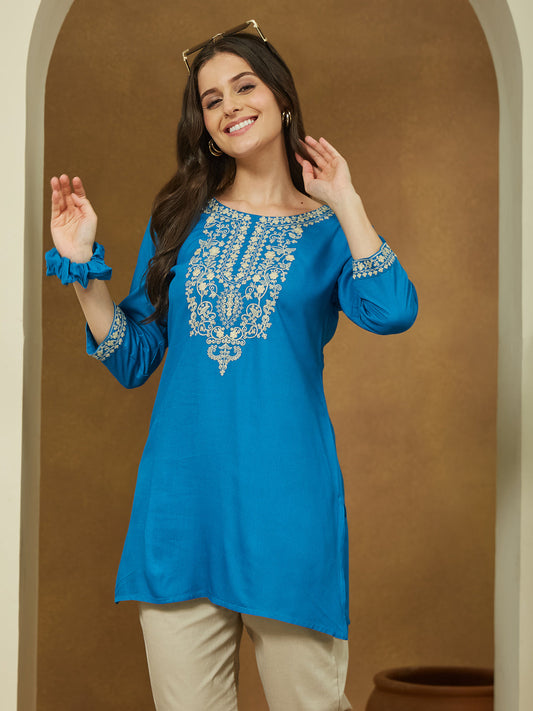 Janasya Dark Rayon Embroidered Straight Tunic | Swadesiicart