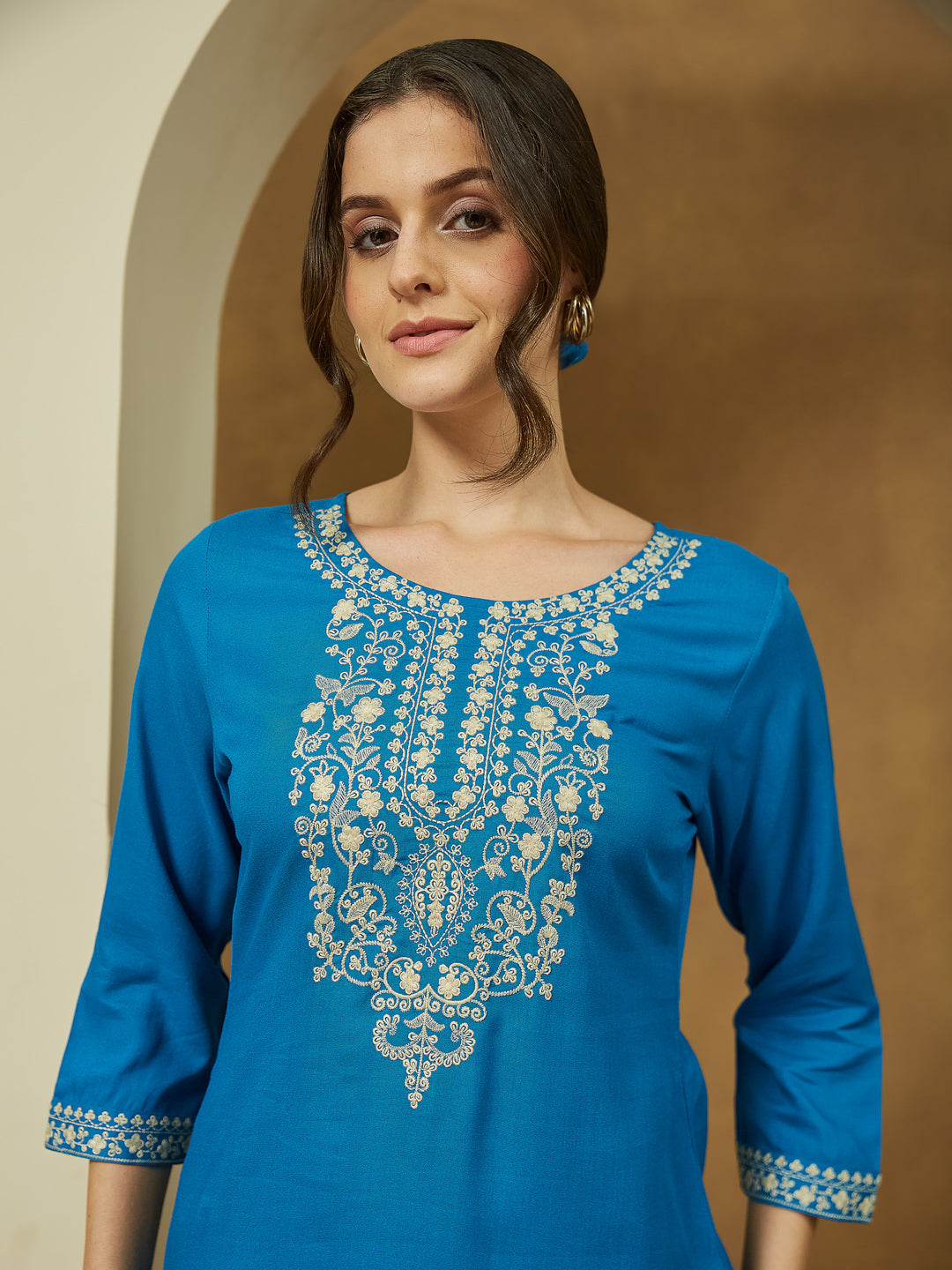 Janasya Dark Rayon Embroidered Straight Tunic | Swadesiicart