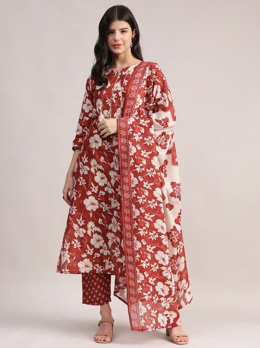 Aavyora Women Maroon Floral Printed Kurta with Printed Pants & Dupatta Set - Swadesiicart