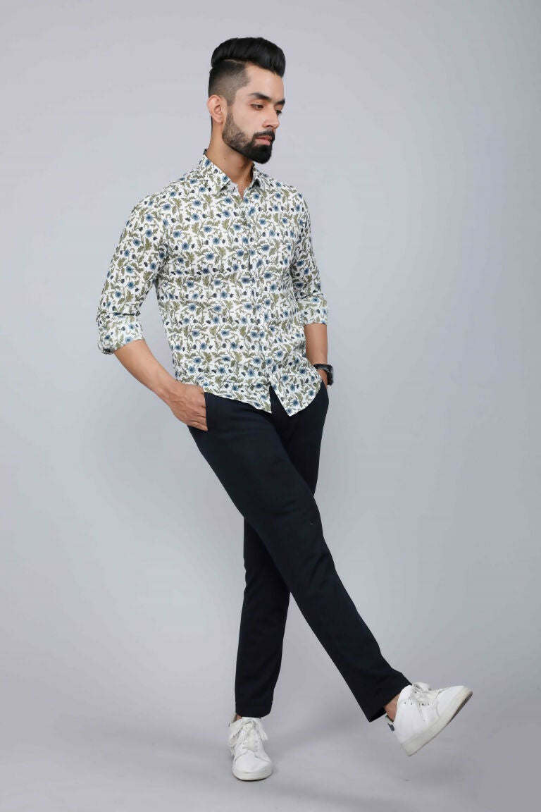 Miravan Men's White & Blue Floral Print Cotton Regular Fit Shirt | Swadesiicart