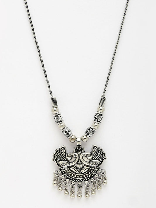 NVR Women's Silver-Toned Peacock Design Pendant with Chain | Swadesiicart