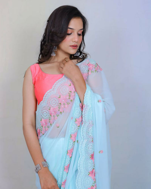 Vamsee Rashmika Sky Blue Georgette Saree - Swadesiicart