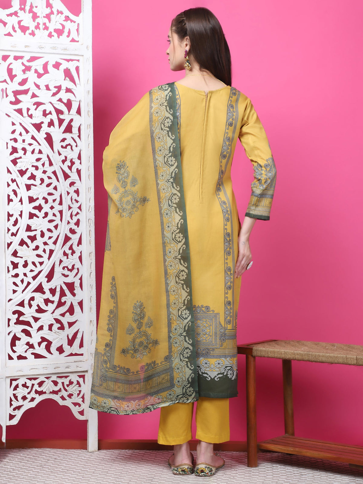 Jyoti Fashion Women's Mustard Cotton Geometric Digital Print with Jari & Crystal Kurta with Trouser & Dupatta